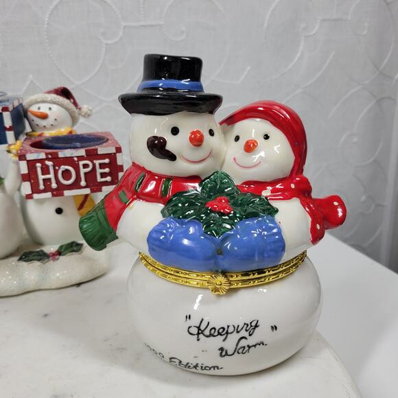 VTG Snowman Lot Yankee Candle Jar Light Holder Couple Hinged Trinket Box 1999 - Picture 15 of 16